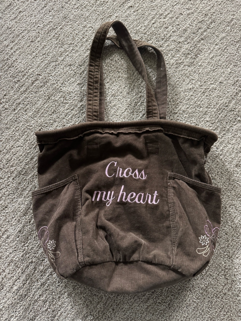 thirty-one Brown Corduroy Tote with Pink Embroidery and pouch